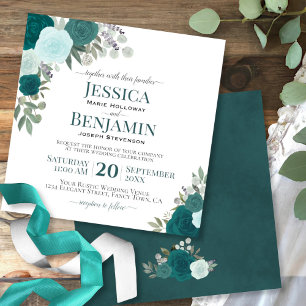Teal or Turquoise Watercolor Roses Elegant Wedding Invitation