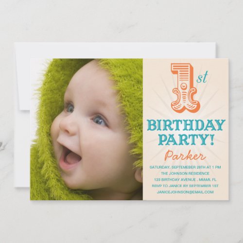 TEAL &amp; ORANGE 1ST  | FIRST BIRTHDAY INVITATION