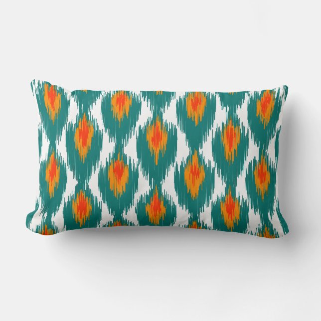 Teal Orange Abstract Tribal Ikat Diamond Pattern Lumbar Pillow (Front)