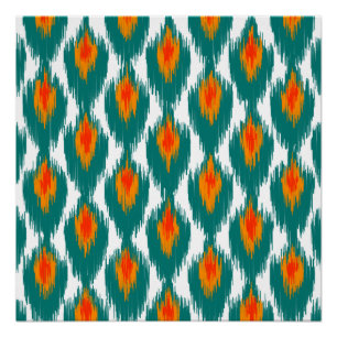 Teal Orange Abstract Tribal Ikat Diamond Pattern Poster