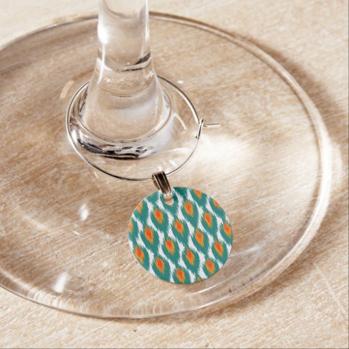 Teal Orange Abstract Tribal Ikat Diamond Pattern Wine Glass Charm