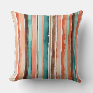 Teal, orange and brown watercolor stripes throw pillow