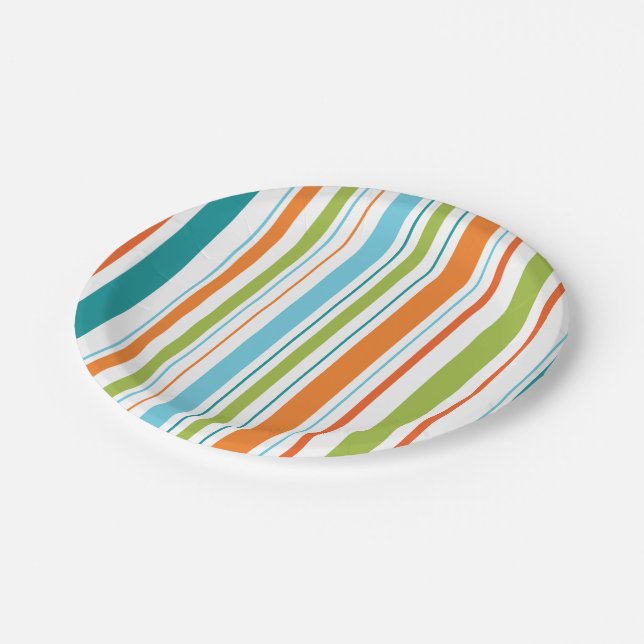 Teal, Orange and Green Stripe Paper Plates (Angled)