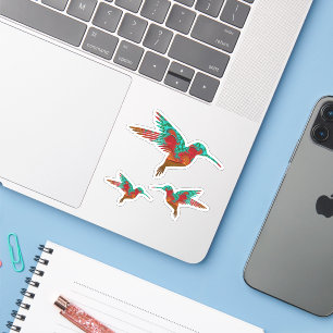 Teal Orange and Red Fractal Hummingbird Set Sticker