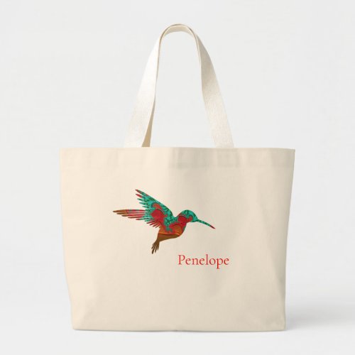 Teal Orange and Red Fractal Hummingbird with Name Large Tote Bag