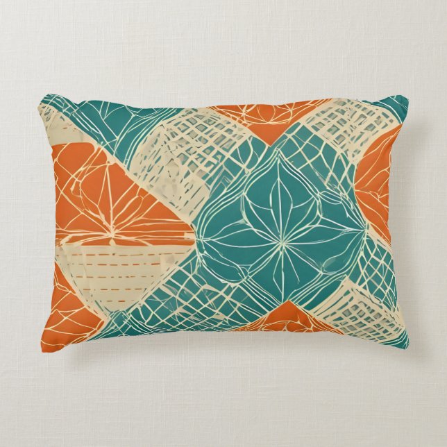 Teal, Orange, and Tan Abstract Flowers Accent Pillow (Front)