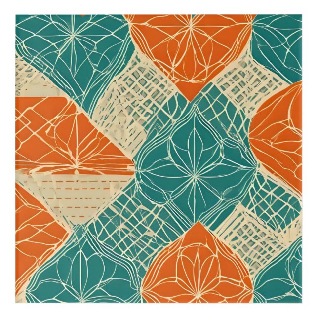 Teal, Orange, and Tan Abstract Flowers Acrylic Print (Front)