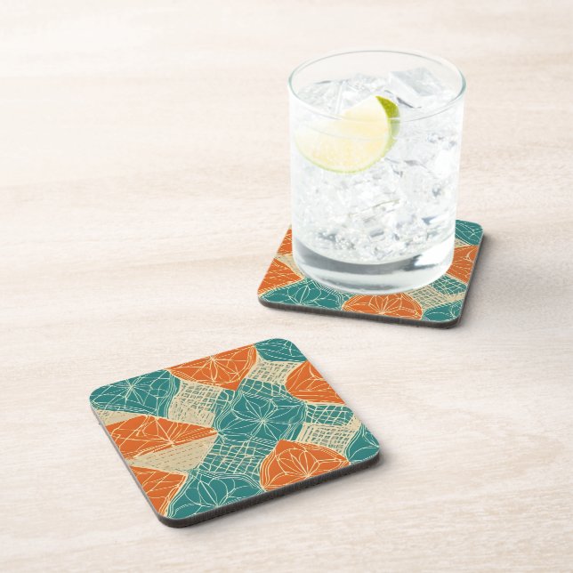 Teal, Orange, and Tan Abstract Flowers Beverage Coaster (Right Side)