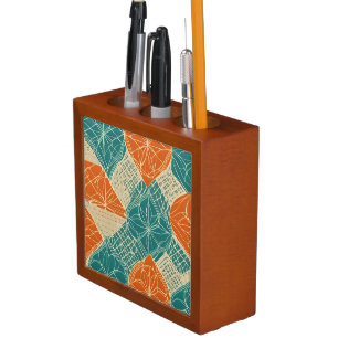 Teal, Orange, and Tan Abstract Flowers Desk Organizer
