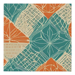 Teal, Orange, and Tan Abstract Flowers Faux Canvas Print