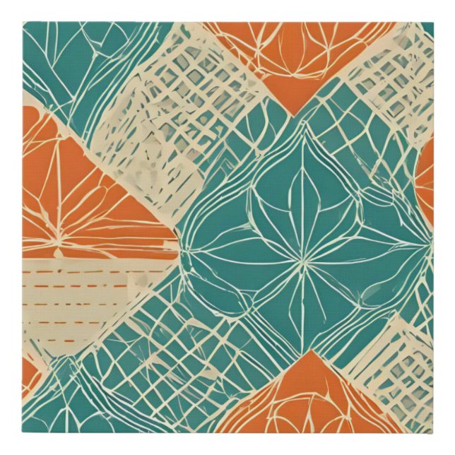 Teal, Orange, and Tan Abstract Flowers Faux Canvas Print (Front)