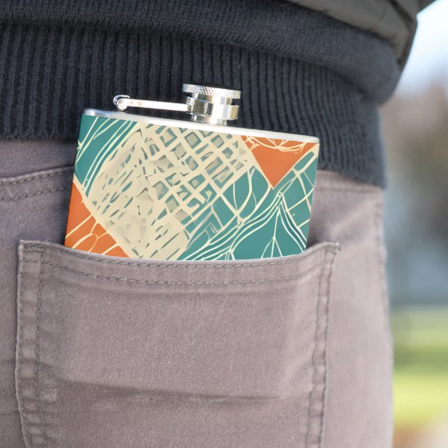 Teal, Orange, and Tan Abstract Flowers Flask (In Situ)