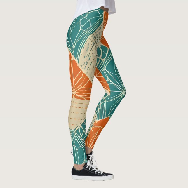 Teal, Orange, and Tan Abstract Flowers  Leggings (Right)
