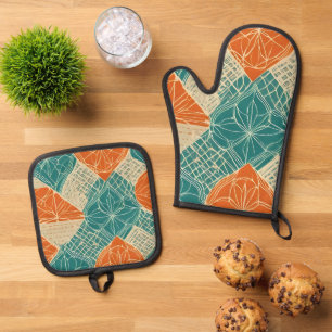 Teal, Orange, and Tan Abstract Flowers Oven Mitt & Pot Holder Set