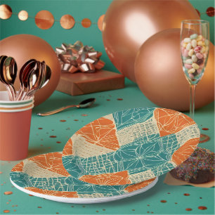 Teal, Orange, and Tan Abstract Flowers Paper Plates