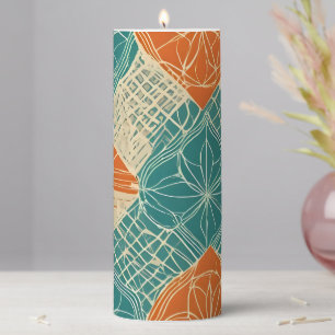 Teal, Orange, and Tan Abstract Flowers Pillar Candle
