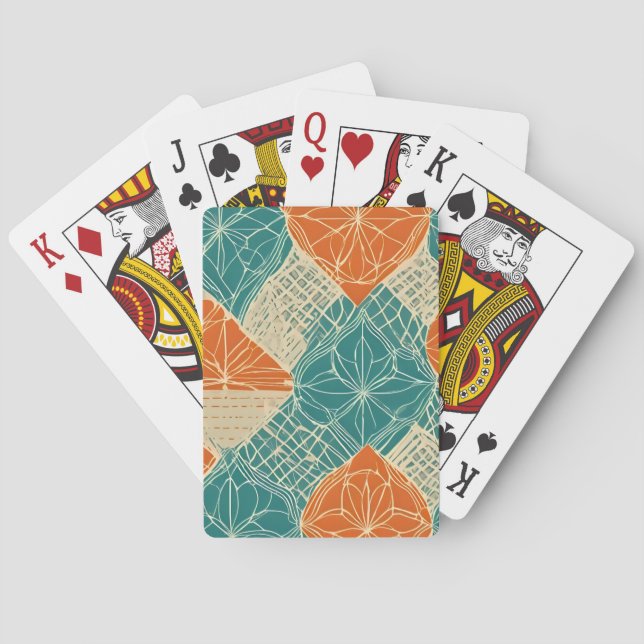 Teal, Orange, and Tan Abstract Flowers Poker Cards (Back)