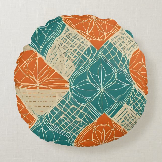 Teal, Orange, and Tan Abstract Flowers Round Pillow (Front)