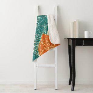 Teal, Orange, and Tan Abstract Flowers Sherpa Blanket
