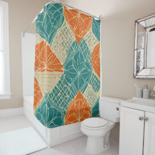 Teal, Orange, and Tan Abstract Flowers Shower Curtain
