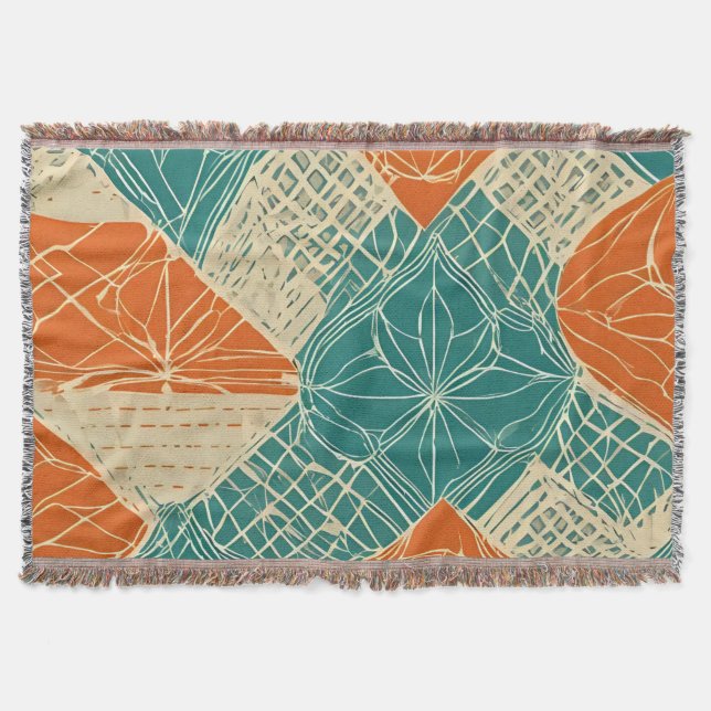 Teal, Orange, and Tan Abstract Flowers Throw Blanket (Front)