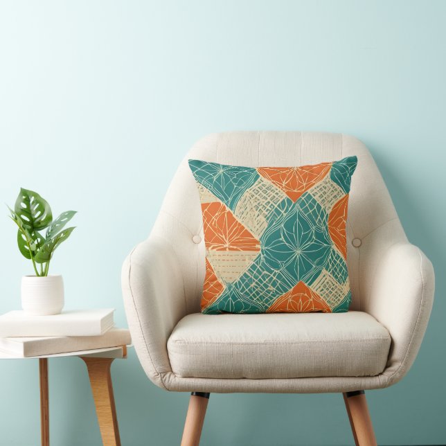Teal, Orange, and Tan Abstract Flowers Throw Pillow (Chair)