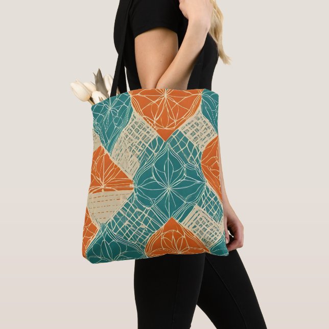 Teal, Orange, and Tan Abstract Flowers Tote Bag (Close Up)