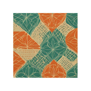 Teal, Orange, and Tan Abstract Flowers Wood Wall Art