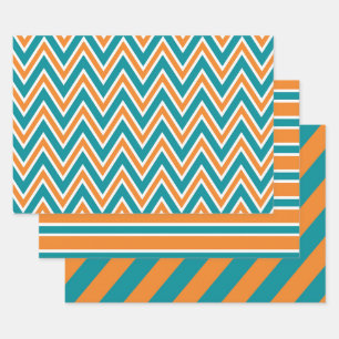 Teal, Orange, and White Chevron & Stripe Patterns Wrapping Paper Sheets