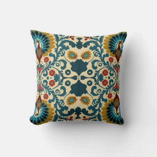 Teal, orange and yellow floral pattern throw pillow