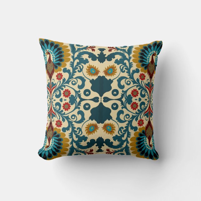 Teal, orange and yellow floral pattern  throw pillow (Front)