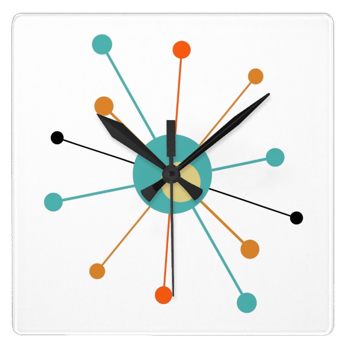 Teal Orange Atomic Era Starburst Mid Century Square Wall Clock
