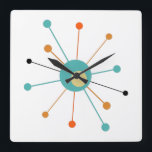 Teal Orange Atomic Era Starburst Mid Century Square Wall Clock<br><div class="desc">This colorful mid century modern clock features an atomic starburst in turquoise blue,  two shades of orange,  and black. So fun to add to your wall!</div>