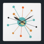 Teal Orange Atomic Era Starburst Mid Century Square Wall Clock<br><div class="desc">This colorful mid century modern clock features an atomic starburst in turquoise blue,  two shades of orange,  and black. So fun to add to your wall!</div>