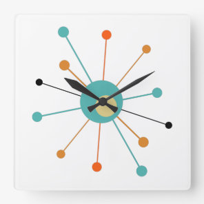 Teal Orange Atomic Era Starburst Mid Century Square Wall Clock