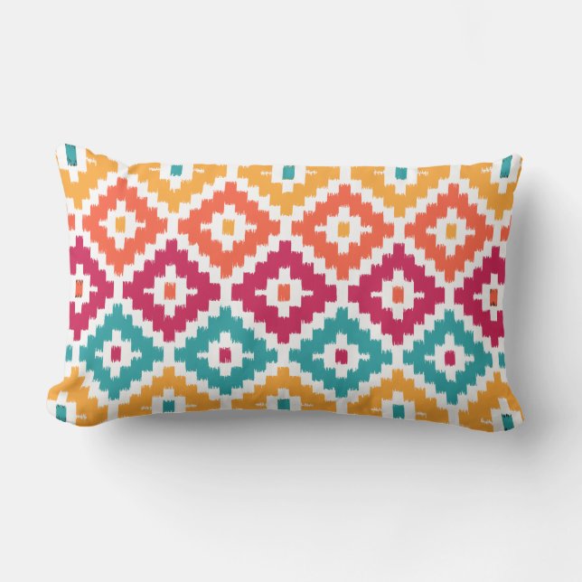 Teal Orange Aztec Tribal Print Ikat Diamond Pattrn Lumbar Pillow (Front)
