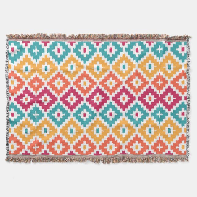 Teal Orange Aztec Tribal Print Ikat Diamond Pattrn Throw Blanket (Front)