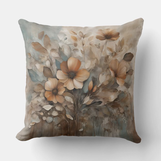 Teal Orange Beige Tones Wildflower Floral Throw Pillow (Front)