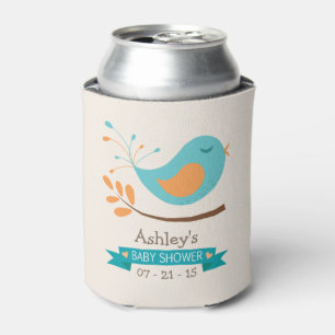 Teal & Orange Bird on Branch Baby Shower Can Cooler