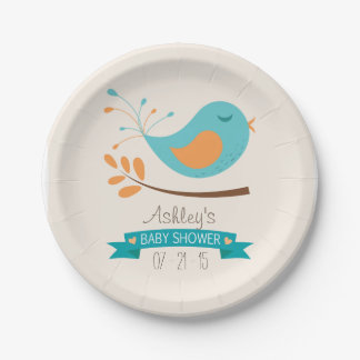 Teal & Orange Bird on Branch Baby Shower Paper Plates
