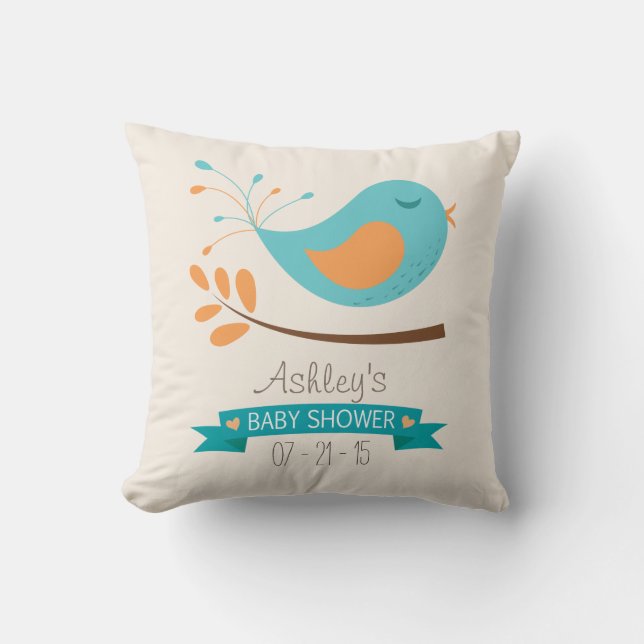 Teal & Orange Bird on Branch Baby Shower Throw Pillow (Front)