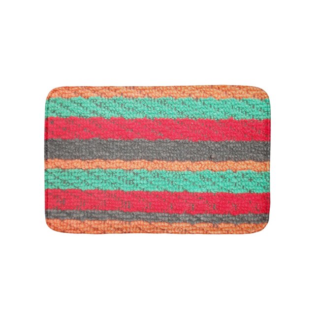 Teal, Orange, Black, and Red Beach Towel Stripes Bathroom Mat (Front)