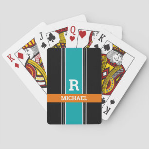 Teal Orange & Black Stripes, Bold Monogram & Name Poker Cards