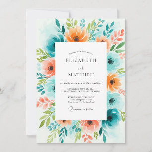 Teal Orange Bloom Wedding Invitation