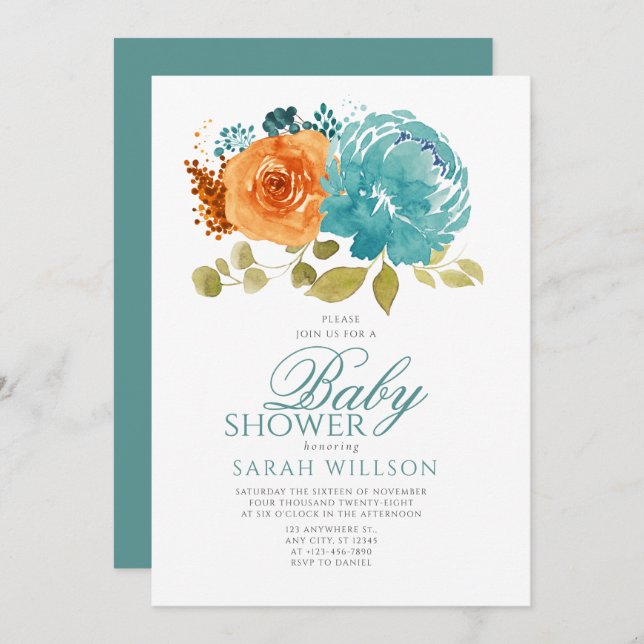 Teal Orange Boho FallTerracotta Floral Baby Shower Invitation (Front/Back)
