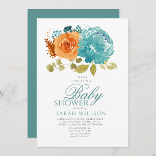 Teal Orange Boho FallTerracotta Floral Baby Shower Invitation