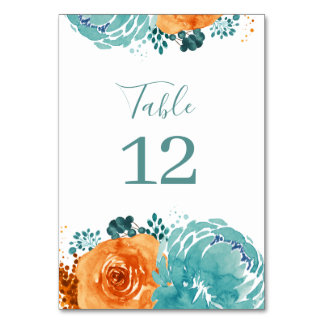 Teal Orange Boho Floral terracotta Table Number