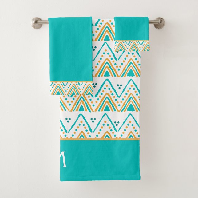Teal Orange Boho Tribal Pattern Monogram Bath Towel Set (Insitu)