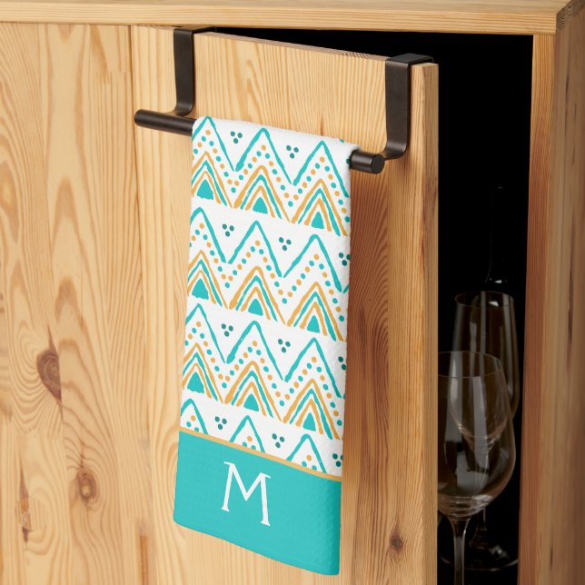 Teal Orange Boho Tribal Pattern Monogram Kitchen Towel (Thirds Fold)