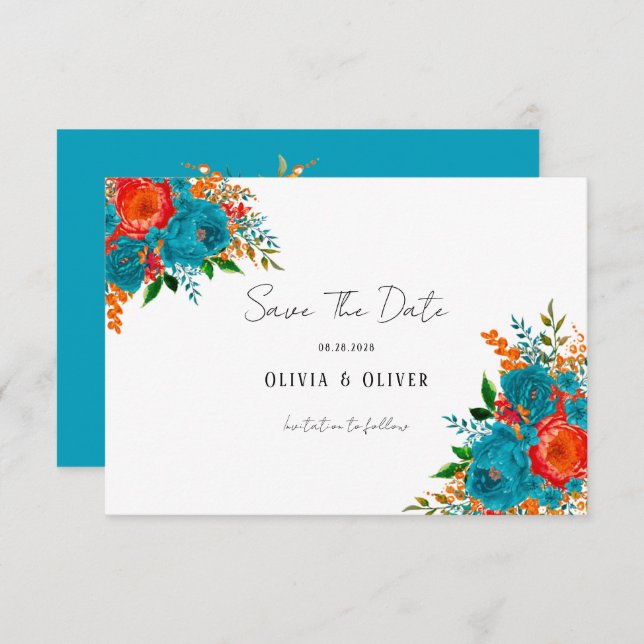 Teal Orange Botanical Floral Wedding Save The Date (Front/Back)